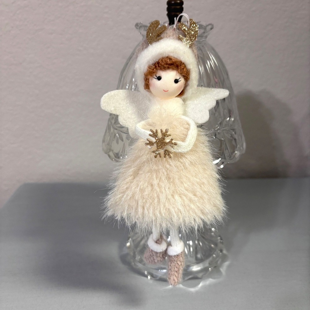 Christmas Ornament Charming Plush Angel with Fluffy Cream Faux-Fur Dress